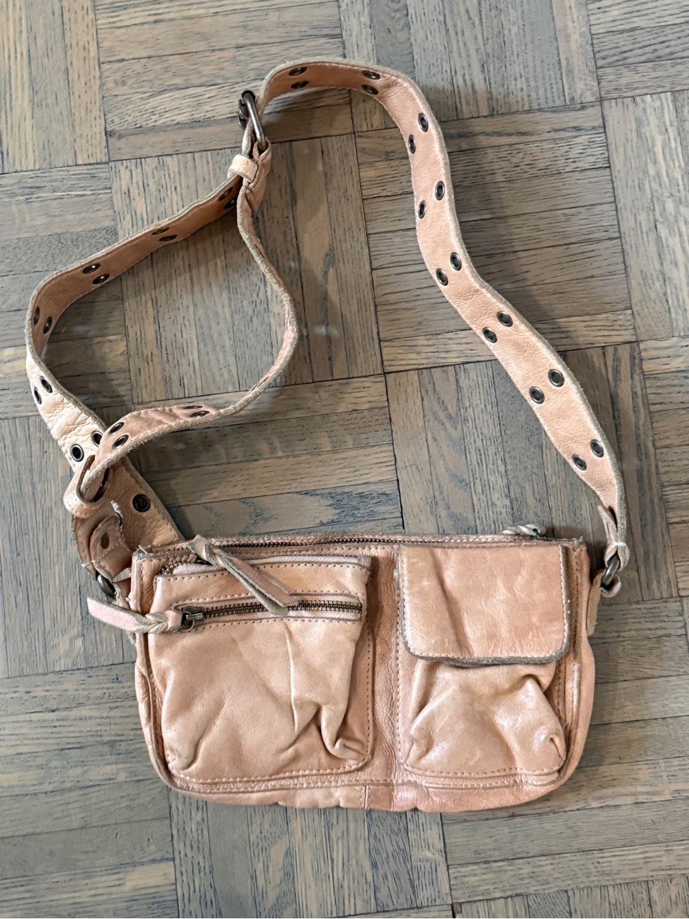 Leather Crossbody Utility Bag in Light Tan